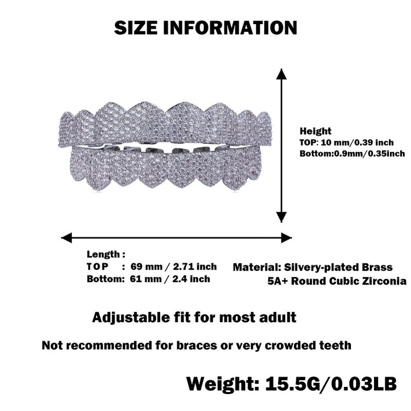 JINAO Grillz Teeth Men - Grills for Your Teeth 8 Top & Bottom Set, 18K Gold-Plated Brass Dental Grills with Molding Bars, Unisex Hip-Hop Rapper Costume Accessory(Iced Silvery Set) - Image 2